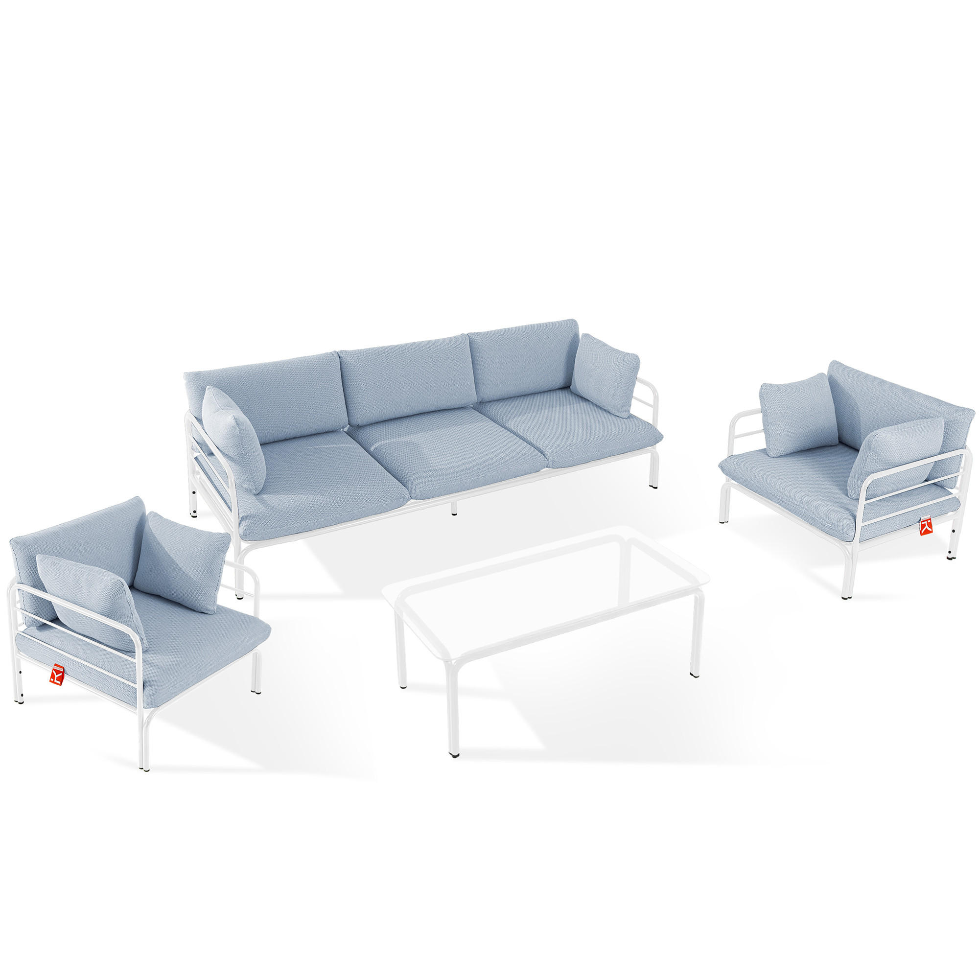GARTENMÖBELSET RAMBE 4-tlg. 1x Tisch 2x Sessel 1x Sofa 3-Sitzer, mit Auflage, Stahlrahmen, LOFT-STIL, Weiß - Weiß/Hellblau, Glas/Textil - KONSIMO®