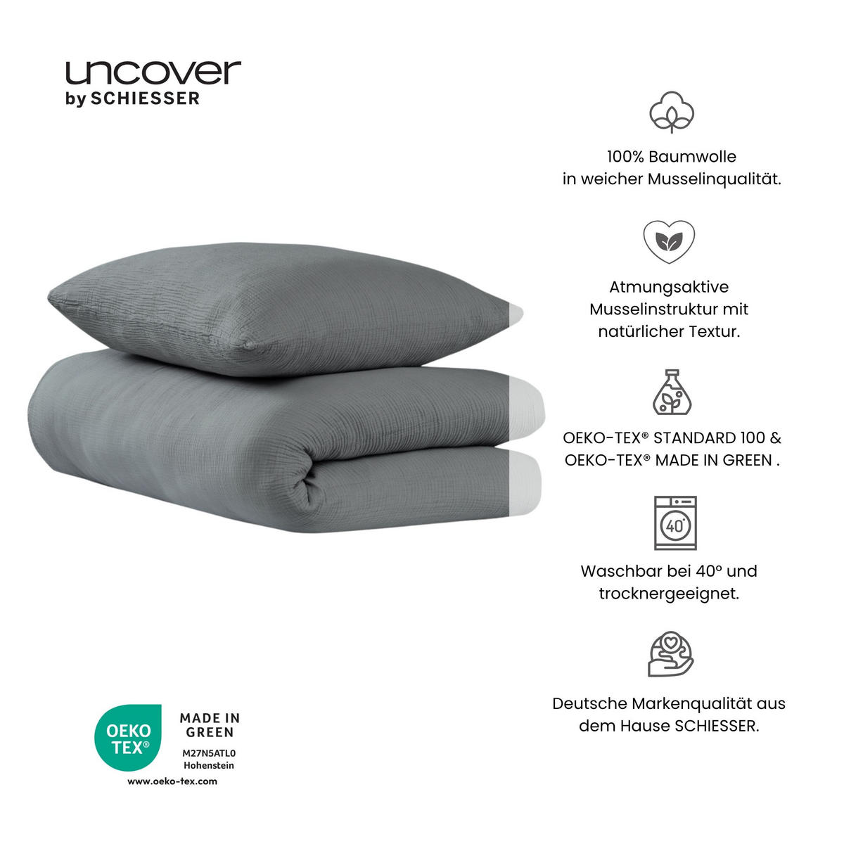 BETTWÄSCHESET Lennox - Musselin - 2-teilig - 135x200cm - Dunkelgrau - Dunkelgrau, Textil (135/200cm) - Uncover by Schiesser