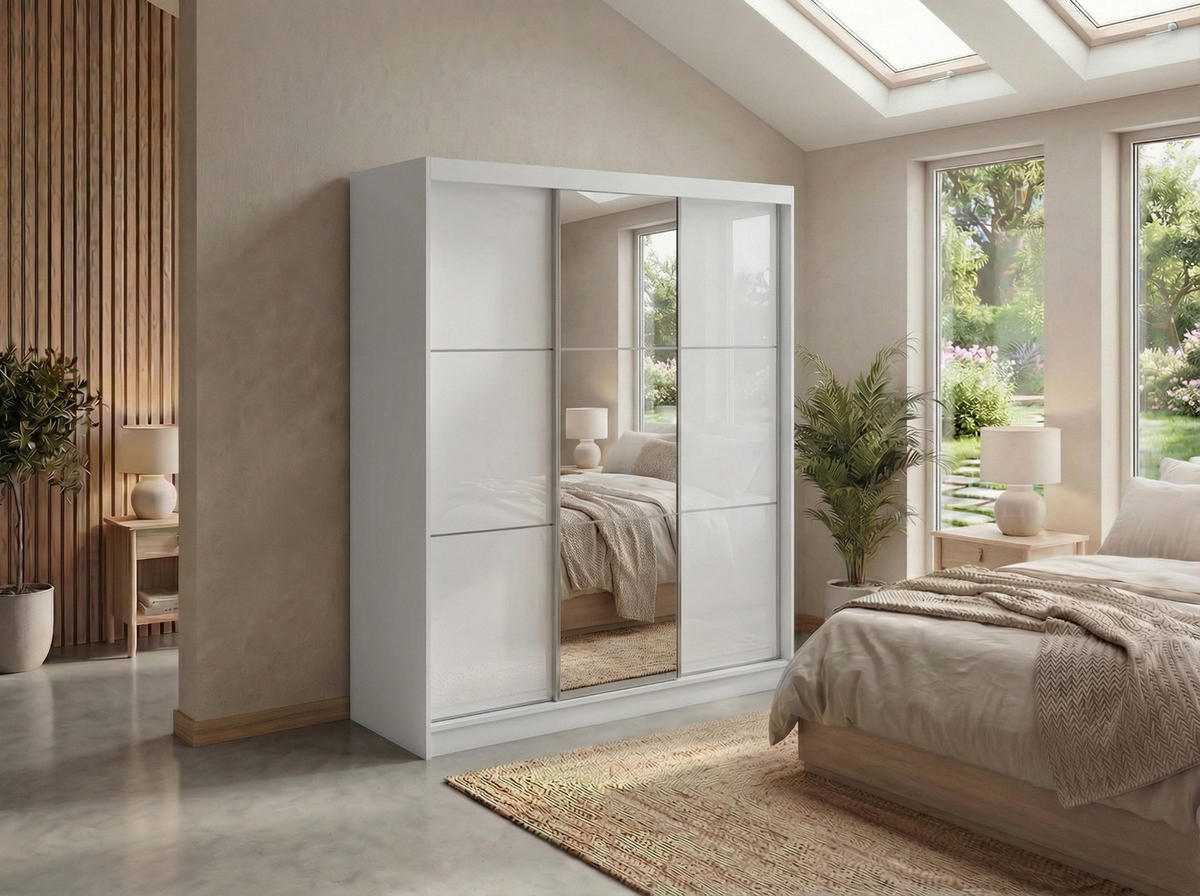 SCHWEBETÜRENSCHRANK mit Spiegel und Schubladen - WALENCJA - 180 - Weiß lacobel - Alufarben/Weiß, Holzwerkstoff/Metall (180/216/61cm) - MKS