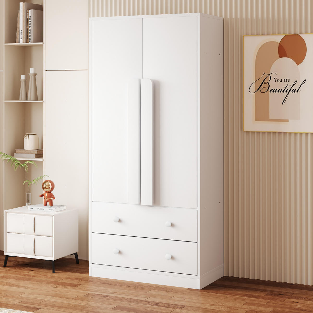 KLEIDERSCHRANK in Weiß mit Doppeltür-Design und Schubladen für Schlafzimmer und Wohnzimmer, B70/T40/H170 cm - Weiß, Holzwerkstoff/Metall (70/170/40cm) - STILVORA