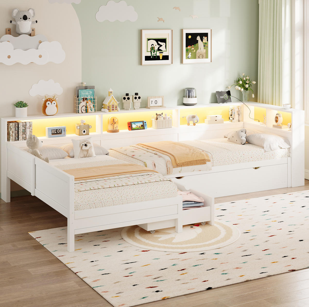 POSTEĽ v tvare L 90/200 cm biela z MDF a preglejky s výsuvným lôžkom, zásuvkou a LED čelom - biela, kompozitné drevo (90/200cm) - OKWISH