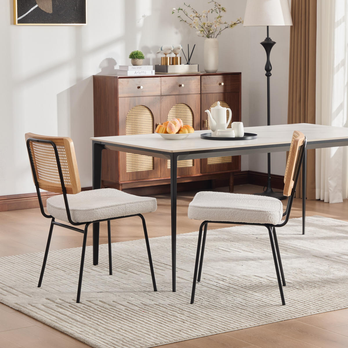 STUHL-SET DE-36881 2 Stück mit Chenille-Polsterung und Rattan-Optik Elfenbein - Creme, Metall (58/82/47cm) - ComfortXL
