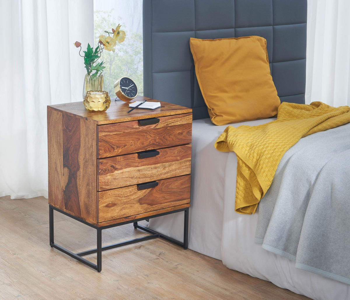 NACHTTISCH – Massivholz/Eisen, 50x40x65 cm, 3 Schubladen, Industrial-Stil - Schwarz/Braun, Holz/Metall (50/65/40cm) - KADIMA DESIGN