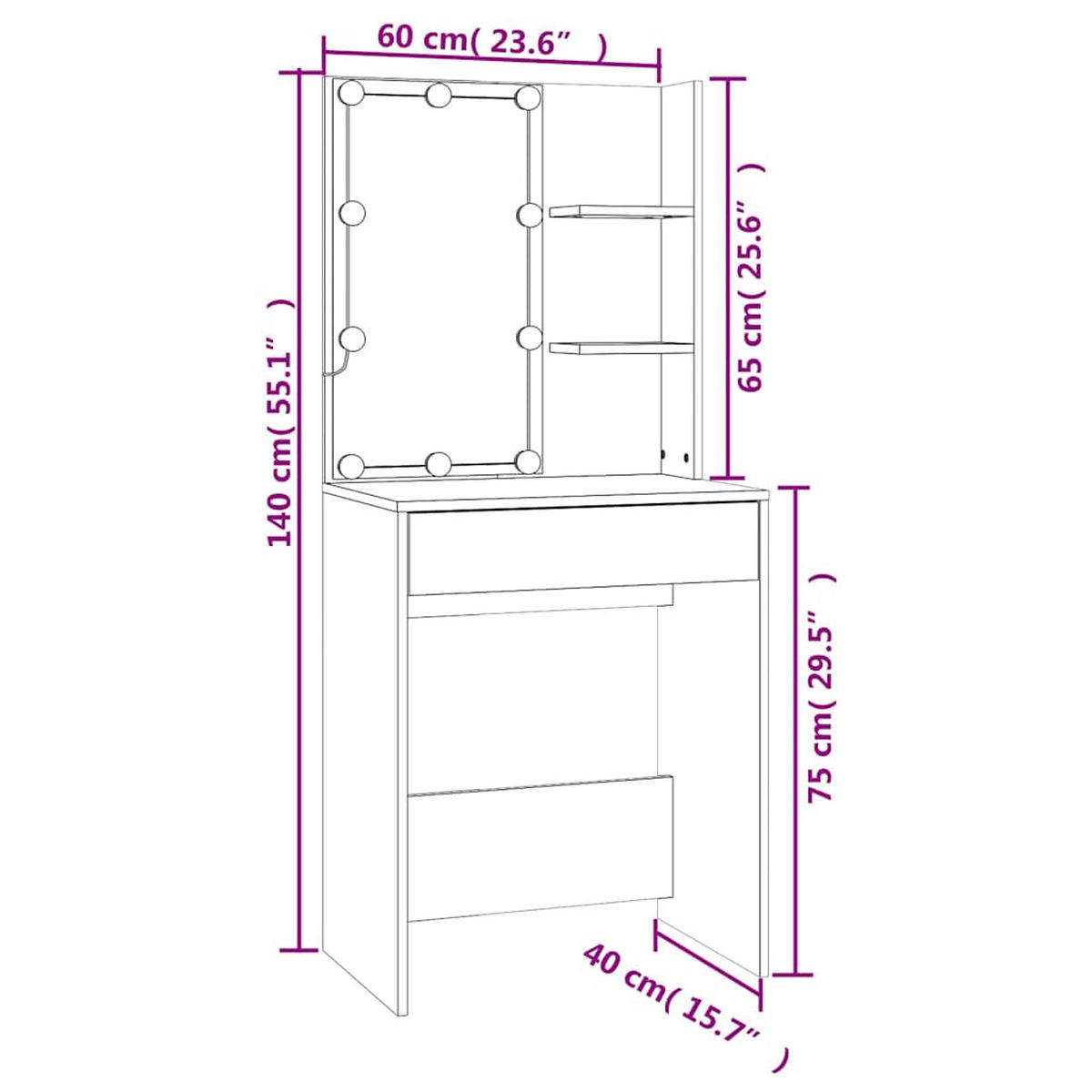 SCHMINKTISCH Mit Led Weiss 60/40/140 Cm - Weiß, Holzwerkstoff (40/140/60cm) - vidaXL