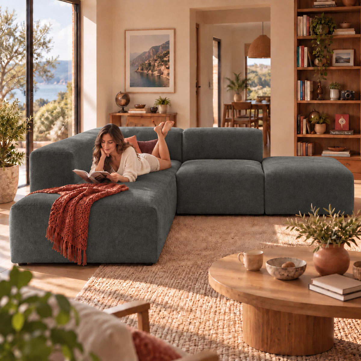 4-SITZER modulares Ecksofa HEAVEN SET 3 Links, Breite 270 cm Webstoff Dunkelgrau - Dunkelgrau/Schwarz, Holz/Kunststoff (245/270cm) - Muffo