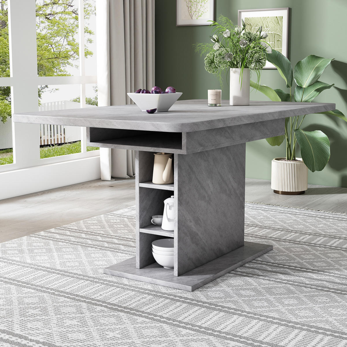 ESSTISCH aus Spanplatte und Metall 130x70x75 cm Grau ausziehbar mit Stauraum in Betonoptik - Grau, Holzwerkstoff (130/70/75cm) - Modfu