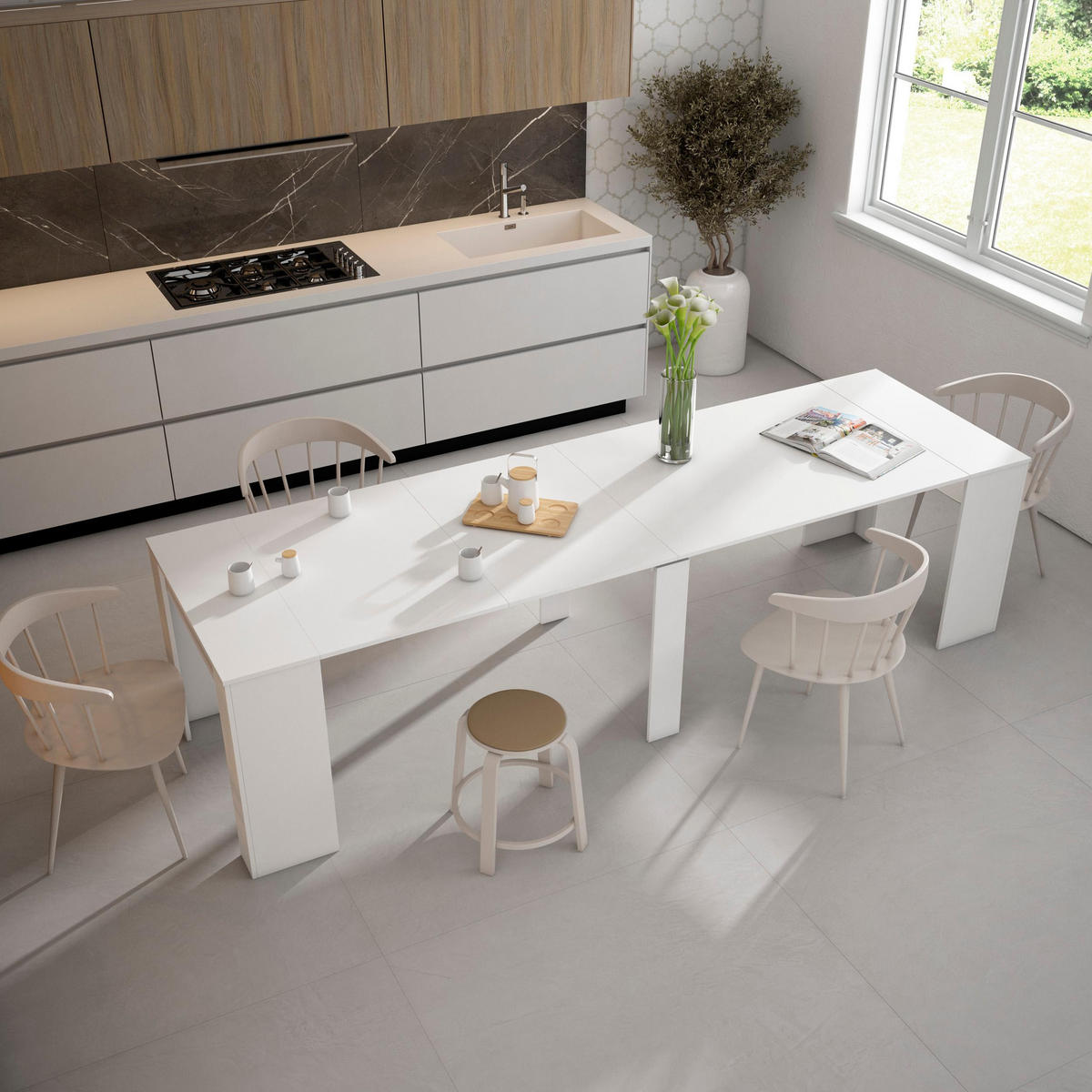 KONSOLENTISCH ausziehbar 58 bis 302cm, für 14 Gäste, weiß, 90/58/77cm - Weiß, Holzwerkstoff (90/302/77cm) - Skraut Home