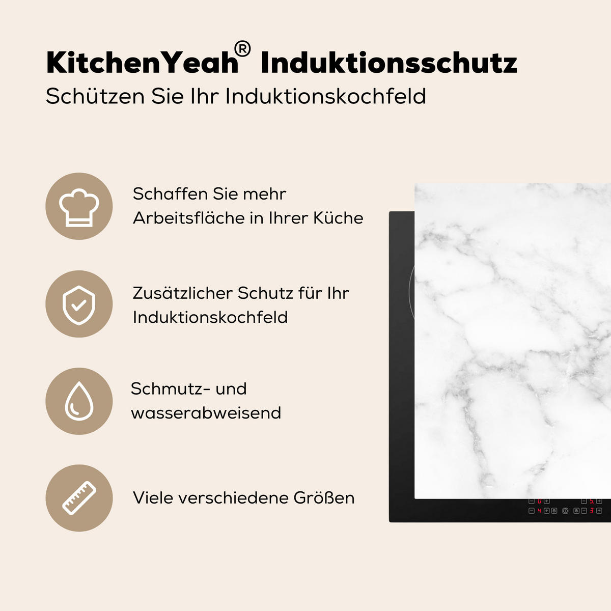 HERDABDECKPLATTE Marmor - Grau - Weiß - Strukturierter Marmor 90x52 cm - Weiß, Kunststoff (90/0.2/52cm) - MuchoWow