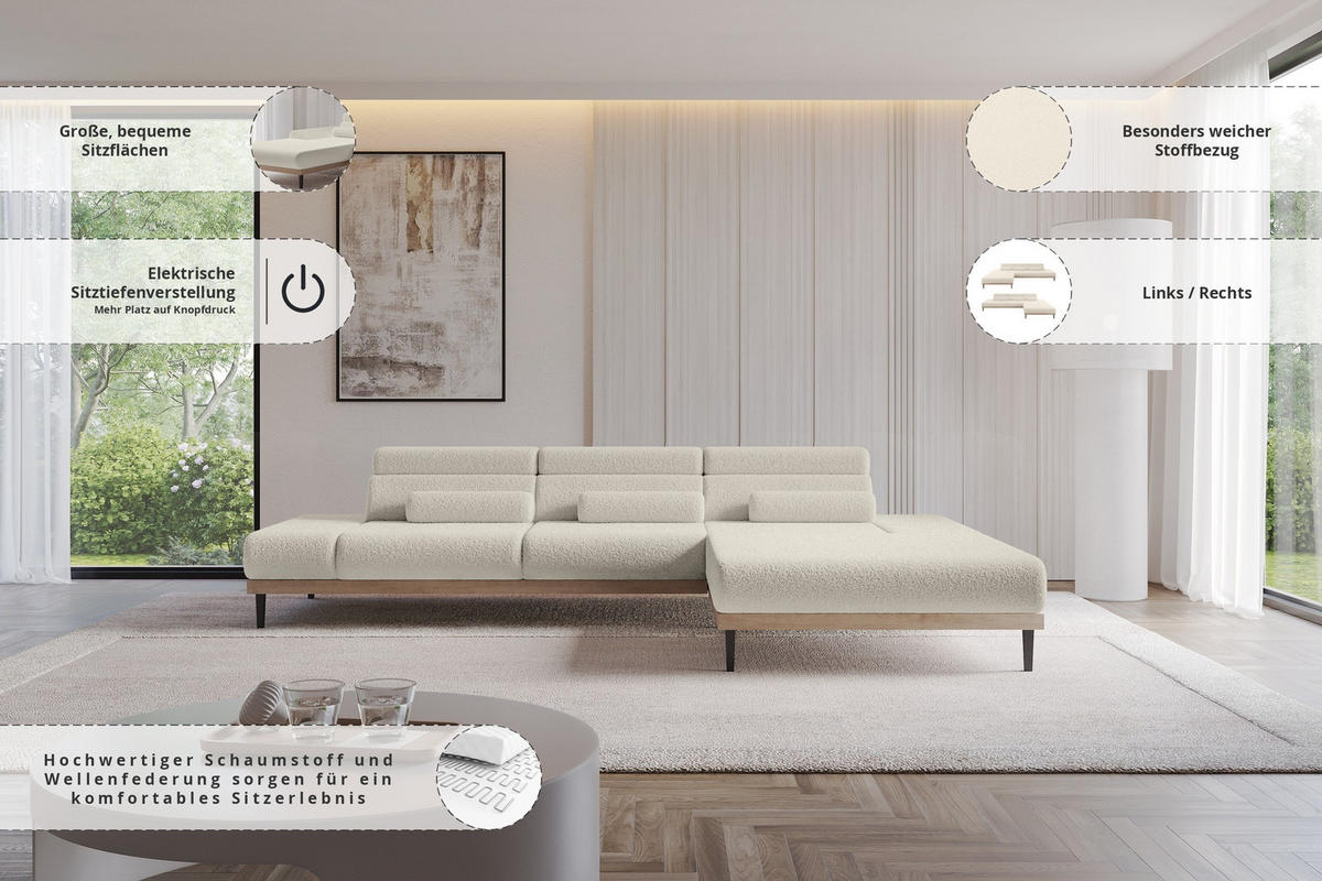 ELEKTRISCHES ECKSOFA Rechts MONA 316x205x85 Beige Bouclé - Greige/Beige, Holzwerkstoff/Textil (316/205cm) - ALTDECOR