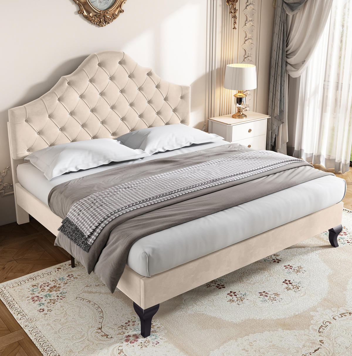 POLSTERBETT 140/190 cm beige aus Samt mit höhenverstellbarem Kopfteil - Beige, Textil (140/190cm) - OKWISH