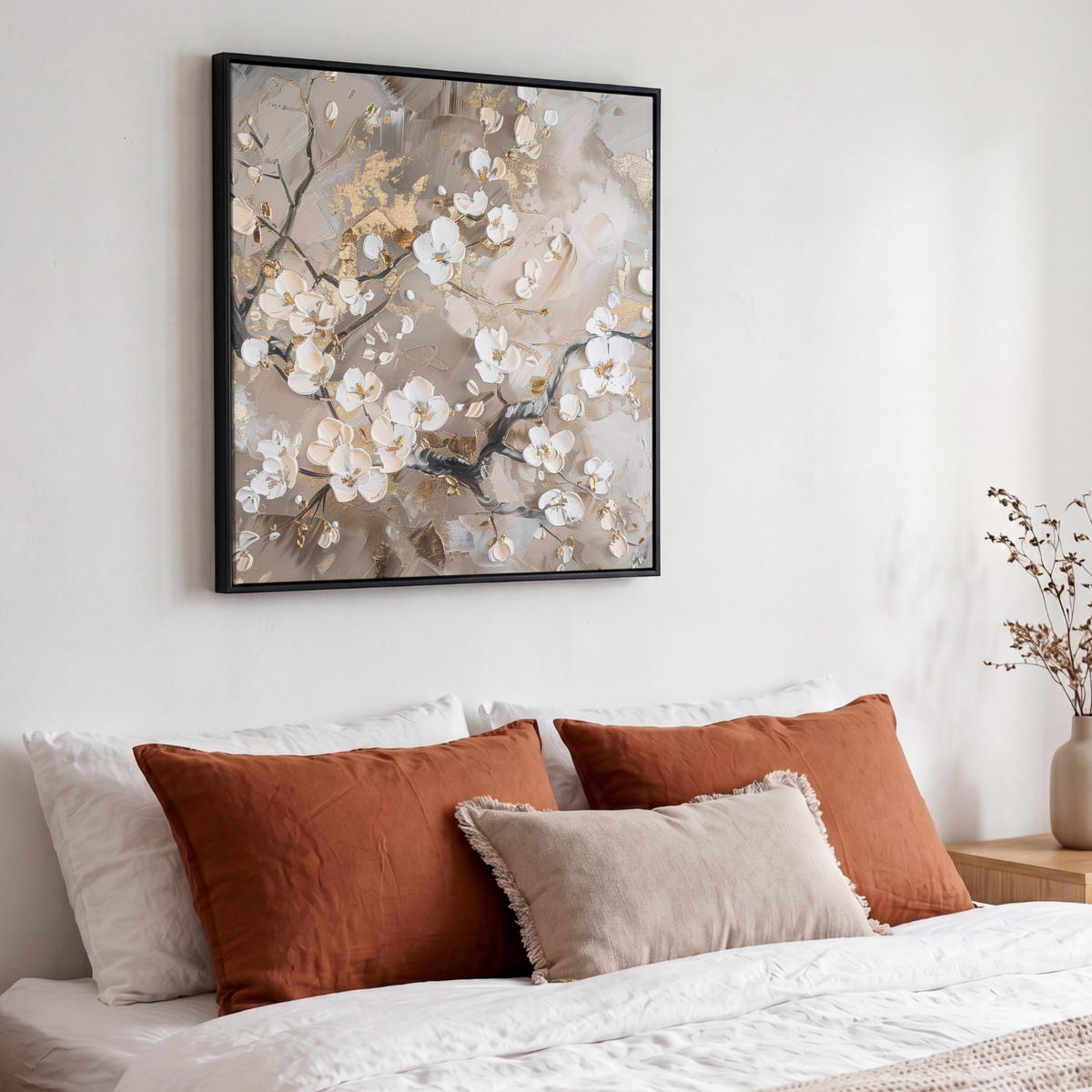 LEINWAND Bilder mit Rahmen - Blumen - Weiß - Gold - Beige - Luxus - 50x50 - Greige, Textil (50/50cm) - MuchoWow