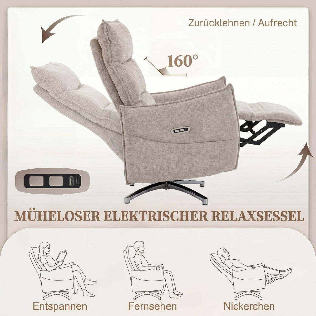RELAXSESSEL Polyester Beige - Beige/Schwarz, Holzwerkstoff/Textil (76/111/88cm) - HOMCOM