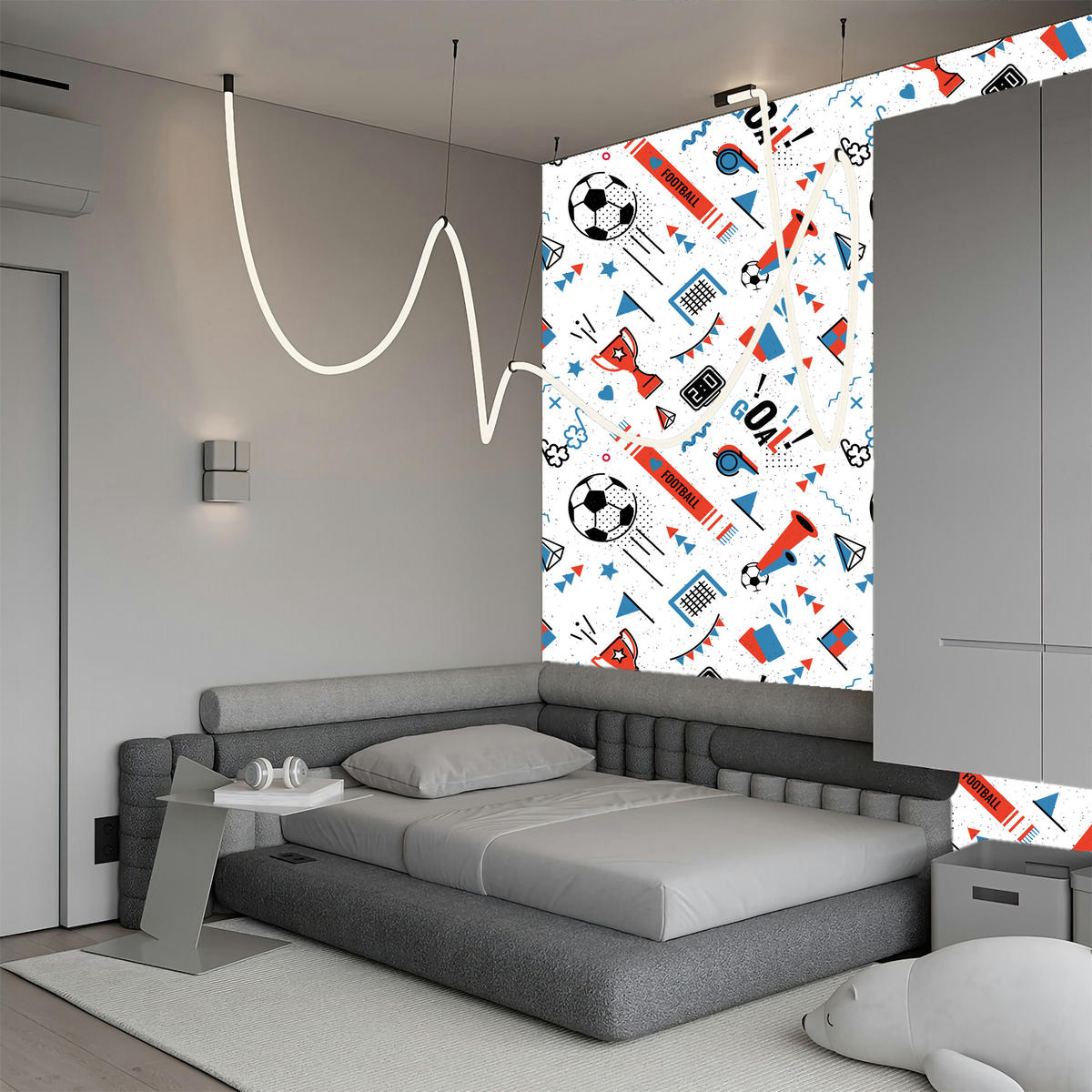 VLIESTAPETE Fußball, Pokale und Flaggen – Rot, Blau, Schwarz, Weiß – 50x1000 cm - Blau/Rot, Papier (50/1000cm) - Muralo