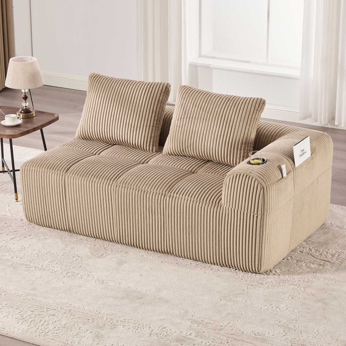 DVOUMÍSTNÁ pohovka 158/93/61 cm khaki z kordurové látky s bočními kapsami a držáky nápojů - písková barva, textil (93/61/158cm) - OKWISH