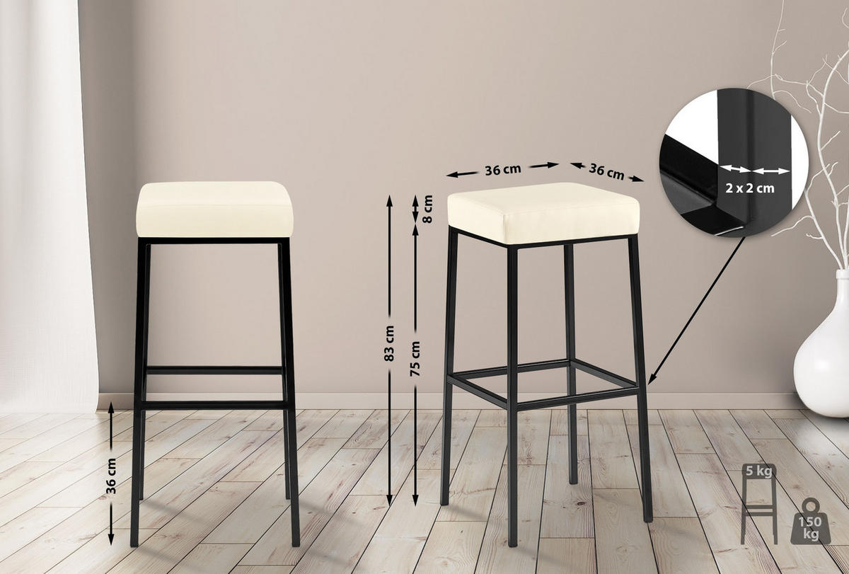 BARHOCKER 2er Set Lederlook creme - Creme/Schwarz, Textil/Metall (37/83/37cm) - CLP
