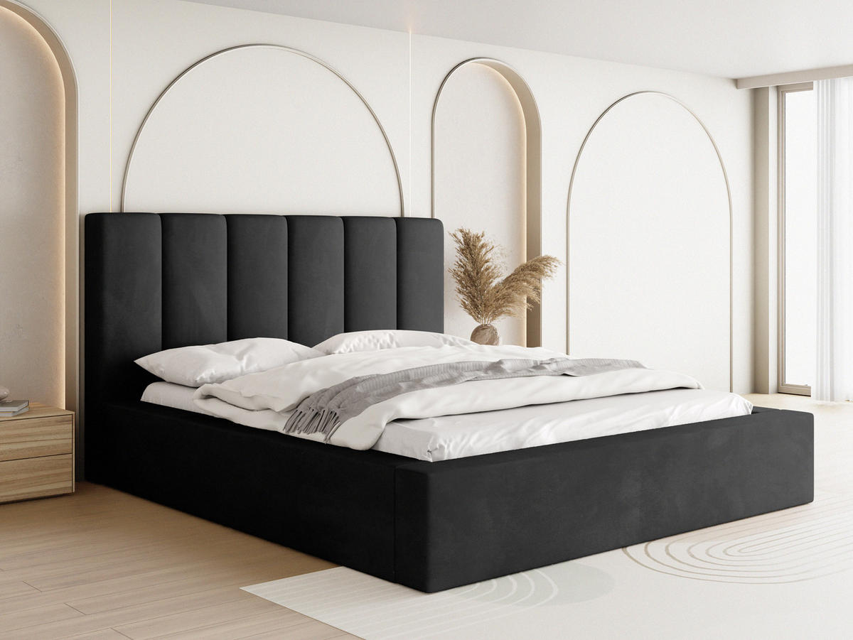 POLSTERBETT Amira mit Bettkasten, Schwarz Samt 140x200 cm - Schwarz Hochglanz/Birkefarben, Holz/Holzwerkstoff (140/200cm) - WFL GROUP