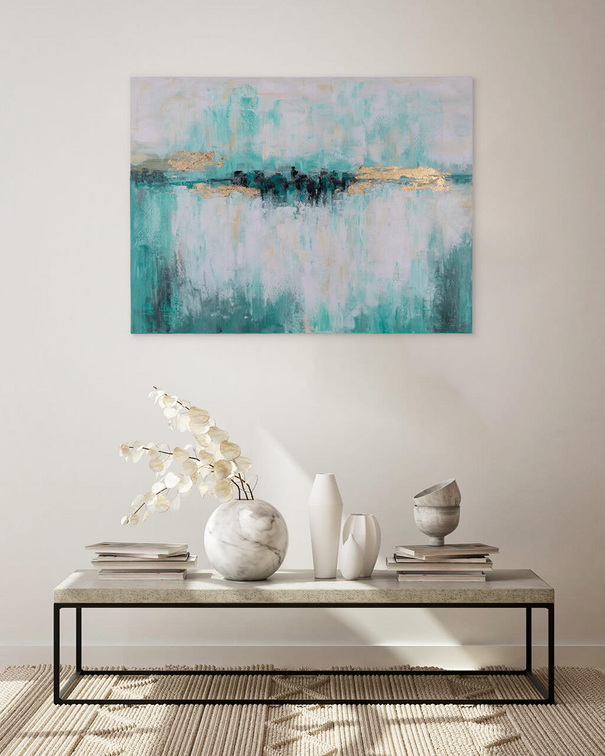 OLEJOMAĽBA 100/75 cm, More a pláž - tyrkysová, drevo/textil (100/75cm) - KUNSTLOFT