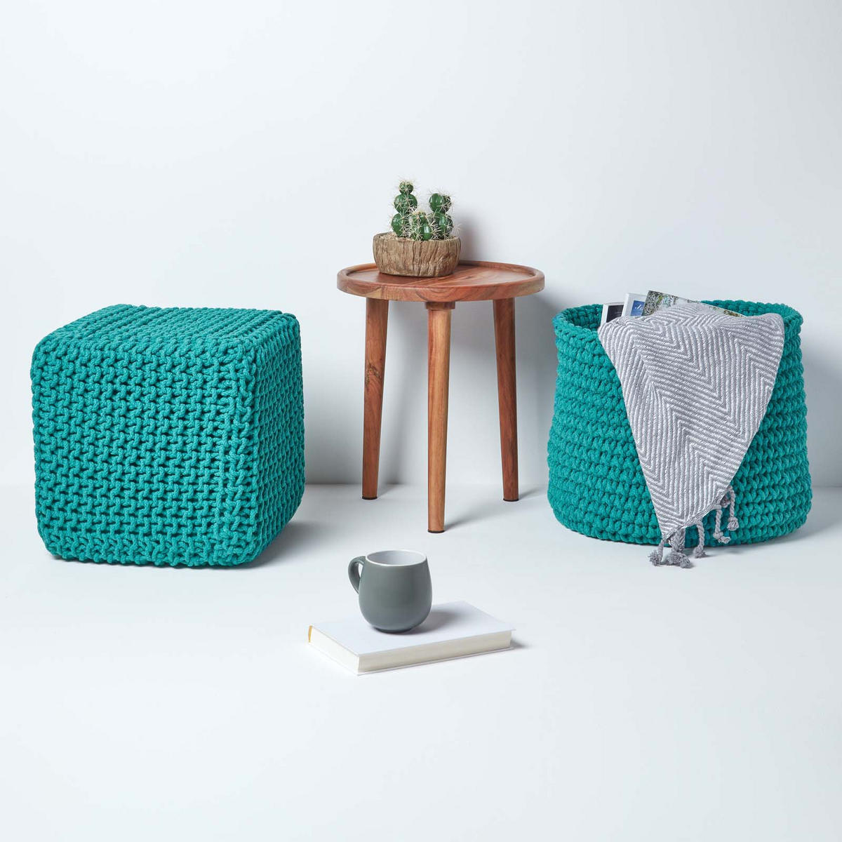 STRICK-POUF petrol-grün, Sitzwürfel 35/35/35 cm - Grün, Textil (35/35/35cm) - Homescapes