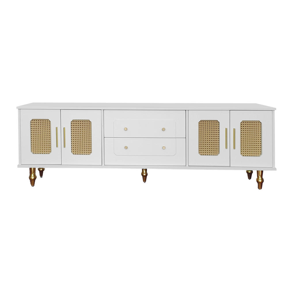 TV-SCHRANK Lowboard Retro-Stil goldene Griffe viel Stauraum Rattantür Weiß - Weiß, Holz (47/25.5/66.5cm) - FLIEKS
