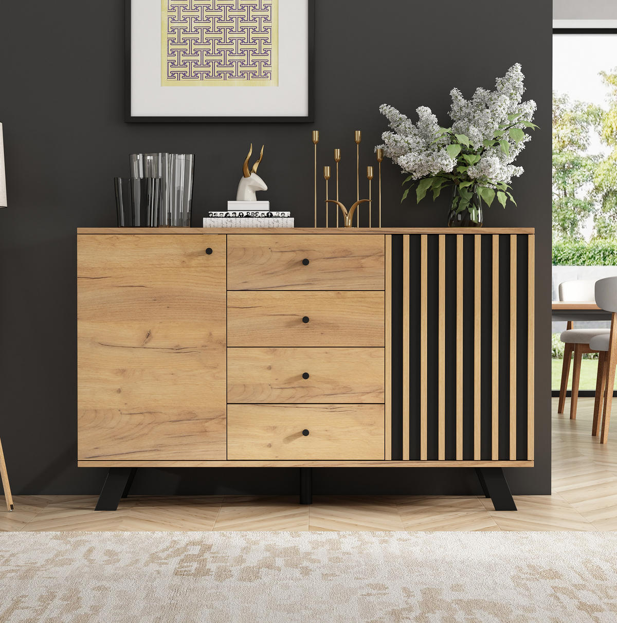 KOMODA 120/38/75 cm crna i prirodna od MDF-a s 4 ladice i 2 ormarića - crna, drvni materijal (120/75/38cm) - OKWISH