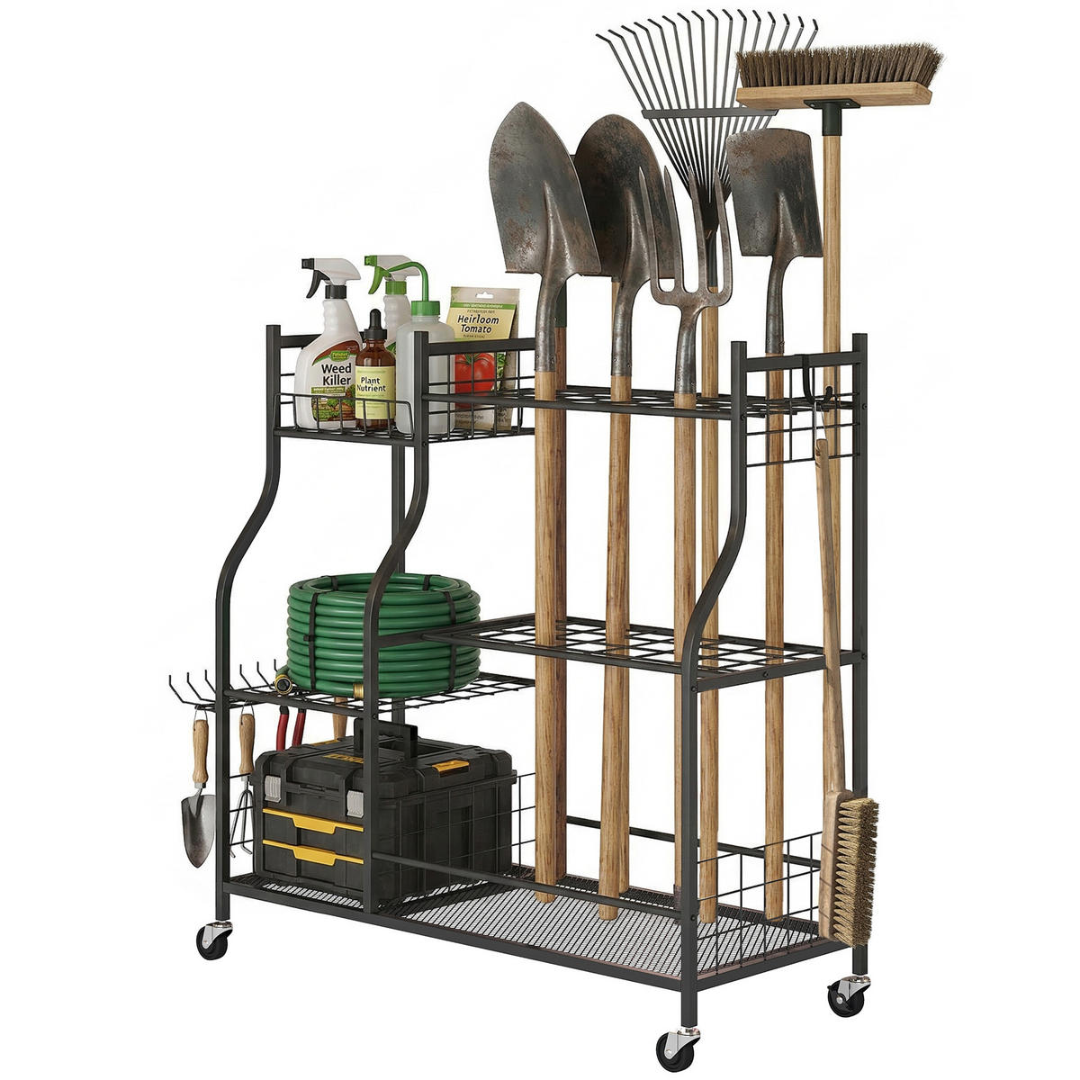 GARTENREGAL DE-13867 3-stufig mit Rollen und Haken Schwarz - Schwarz, Metall (40/95/104cm) - ComfortXL