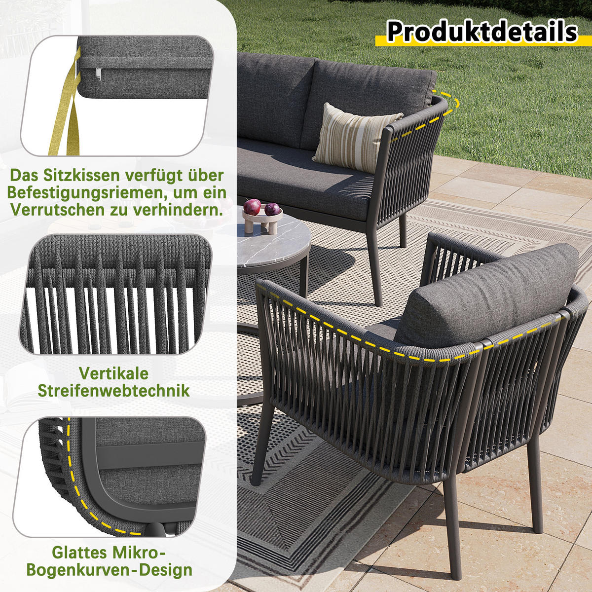 LOUNGESET Modular 5-6 Personen Grau 6-tlg. PE-Rattan - Grau, Metall - FLIEKS
