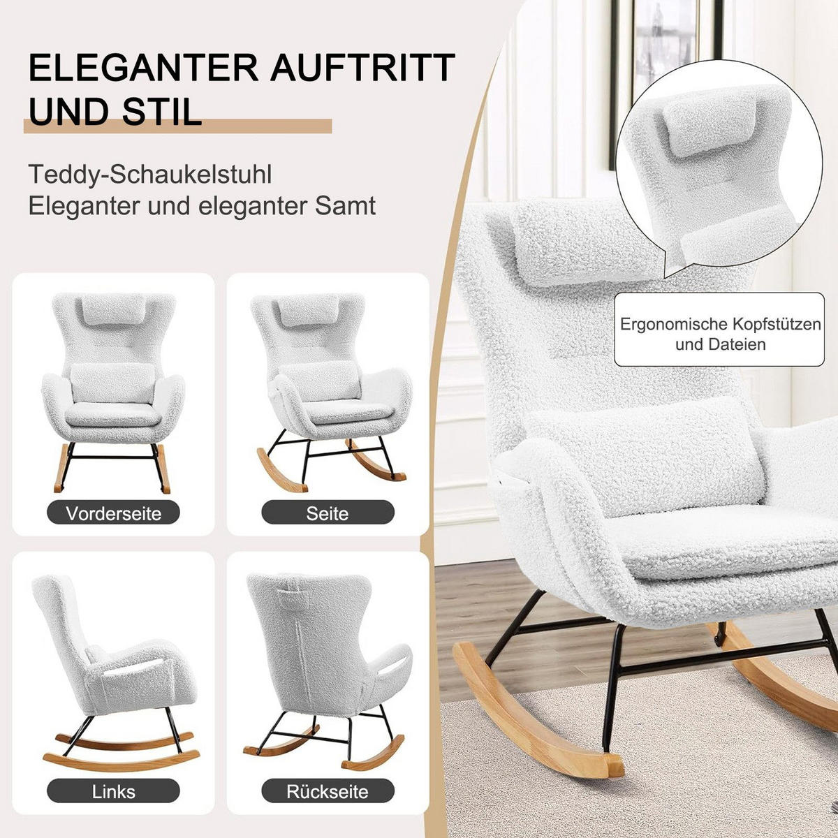 SCHAUKELSTUHL Teddy Plüsch-Swingsessel mit Holzsockel,Schaukelsessel 60/85/95 cm, Weiß - Weiß, Textil (85/95/60cm) - Redom