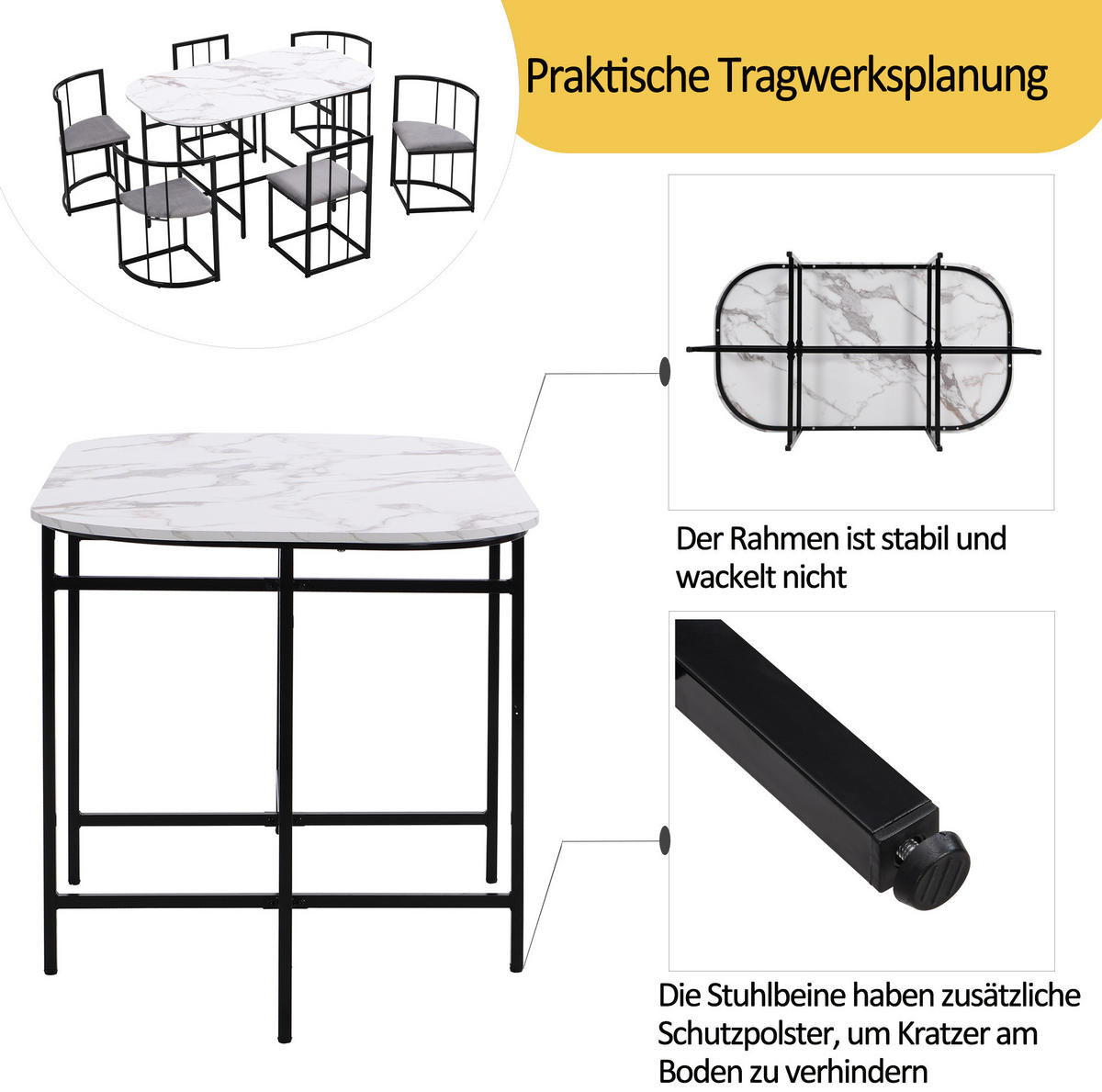 ESSTISCHSET mit 6 Stühlen Weiß Schwarz - Schwarz, Metall (80/76/140cm) - Meubliv
