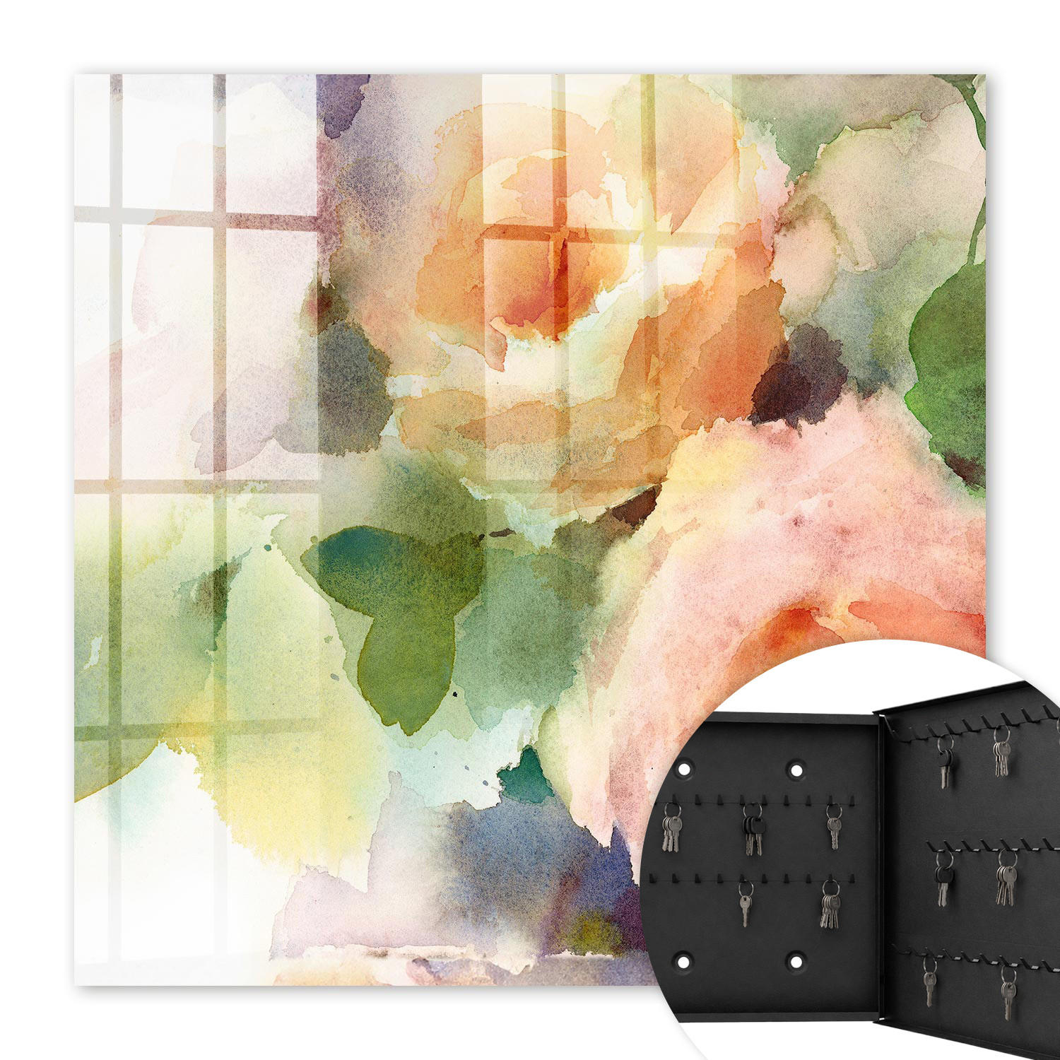 SCHLÜSSELBOX Schwarz 30x30 cm- Türöffnung nach rechts - Aquarellblumen - Grün, Metall (30/30/5cm) - TULUP