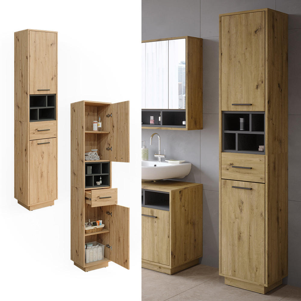 BADSCHRANK Beatrice Artisan Eiche/Anthrazit 38 x 190 cm mit Türen, Schublade - Anthrazit/Eiche Artisan, Holzwerkstoff (38/190/30cm) - Vicco