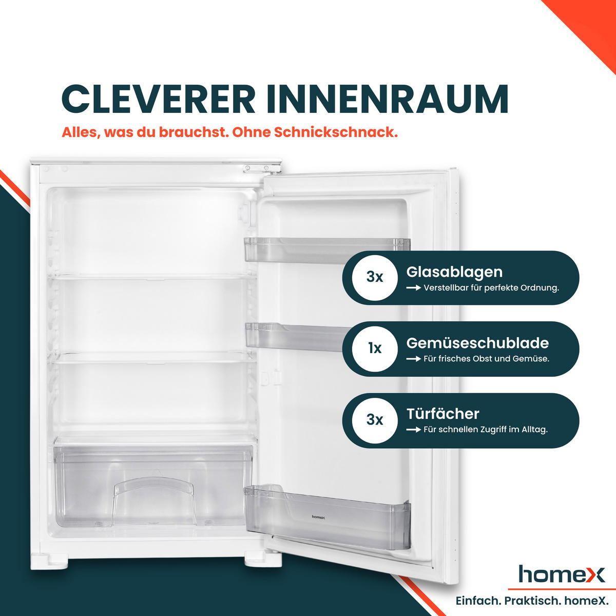 KÜHLSCHRANK Einbau, ohne Gefrierfach, 88cm Nische, 129 Liter, Schlepptürtechnik, CB1291E - Weiß, Glas/Kunststoff (54/89/54cm) - homeX