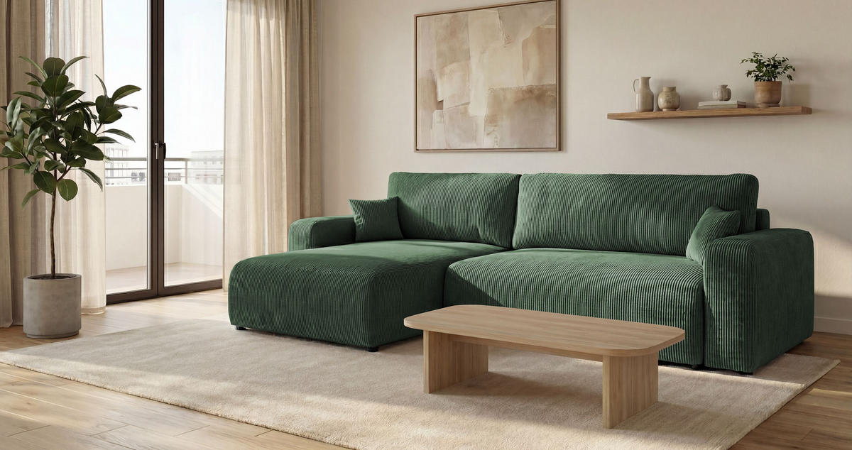 ROHOVÁ pohovka BERLIN levá zelená manšestr Poso 14 - funkce spaní, úložný prostor - zelená barva, textil (285/185cm) - Cornero