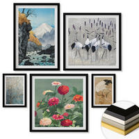WANDBILDER 5er-Set - 50x50 cm & 20x30 cm & 40x60 cm Schwarzer Rahmen - Berge, Fluss, Blumen, Kraniche - Schwarz, Kunststoff (40/60cm) - ArtPrintCave