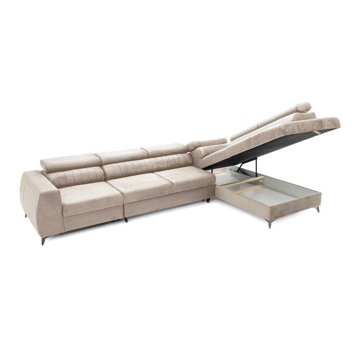 ECKSOFA PIERO MAXI Rechts mit Schlaffunktion 195x125 Velours Beige - Beige/Schwarz, Holz/Textil (203/350cm) - Muffo
