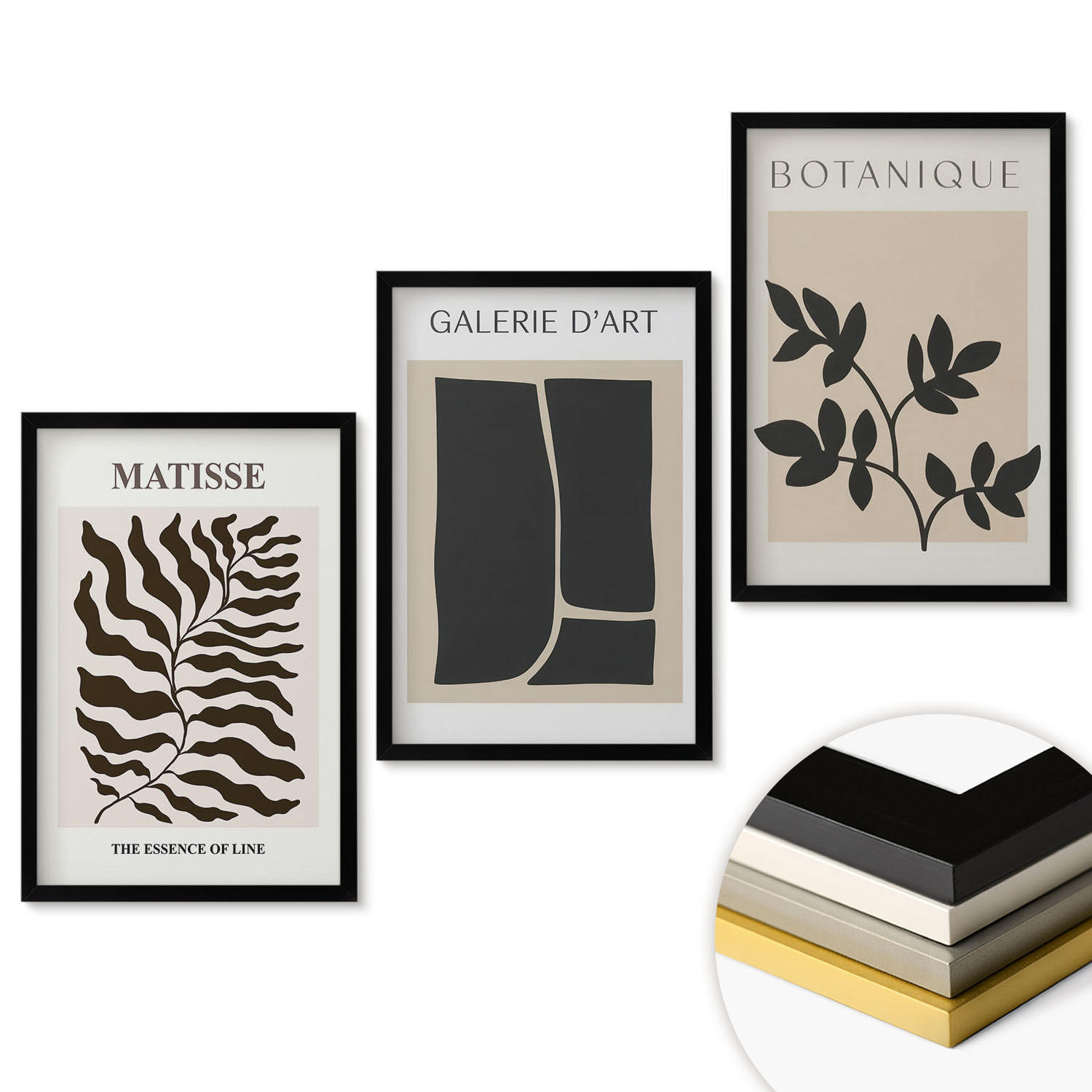 WANDBILDER 3er-Set - 40x60 cm Schwarzer Rahmen - Minimalistische Pflanzenposter - Schwarz, Kunststoff (40/60cm) - ArtPrintCave