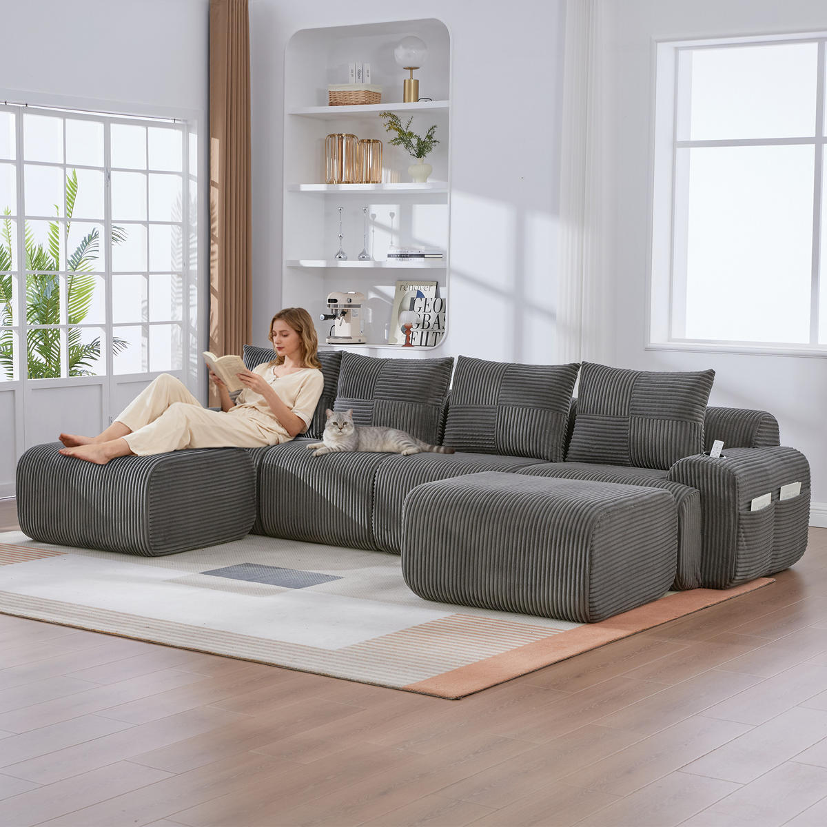 WOHNLANDSCHAFT Cord Dunkelgrau mit 2 Hockern, Cupholder und Seitentasche - Dunkelgrau, Textil (333/80/174cm) - WISHDOR