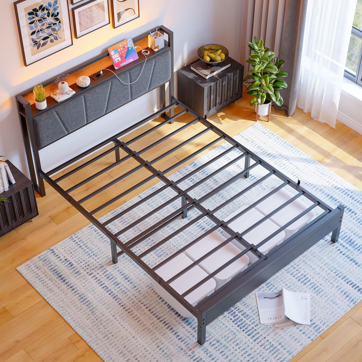 METALLBETT 140/200 cm Schwarz mit LED und USB - Schwarz, Metall (140/200cm) - Oxeza