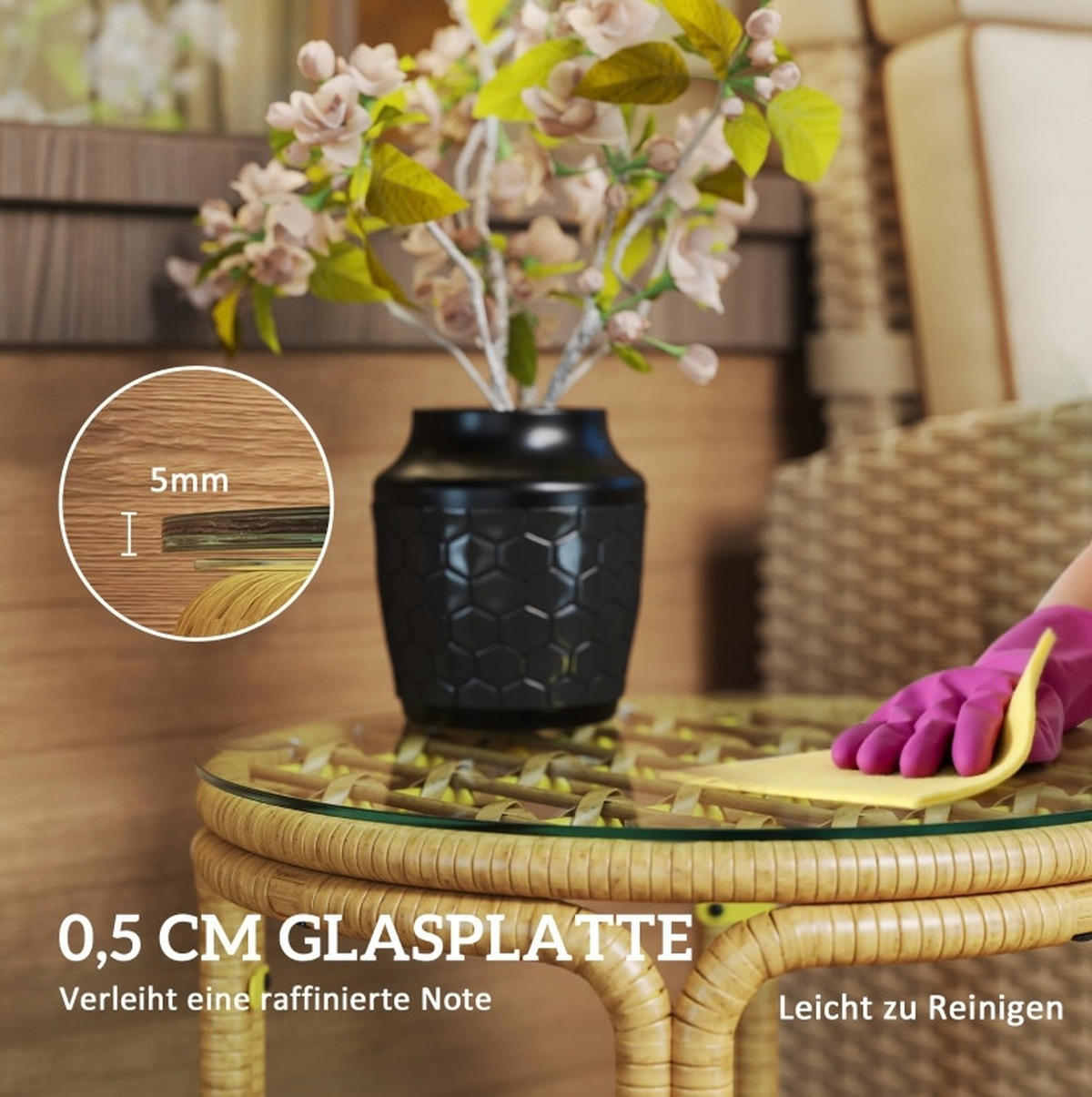 GARTENTISCH aus Rattan Ø50 x 44 cm Gelb mit Sicherheitsglasplatte - Gelb, Glas (50/50/44cm) - Modfu