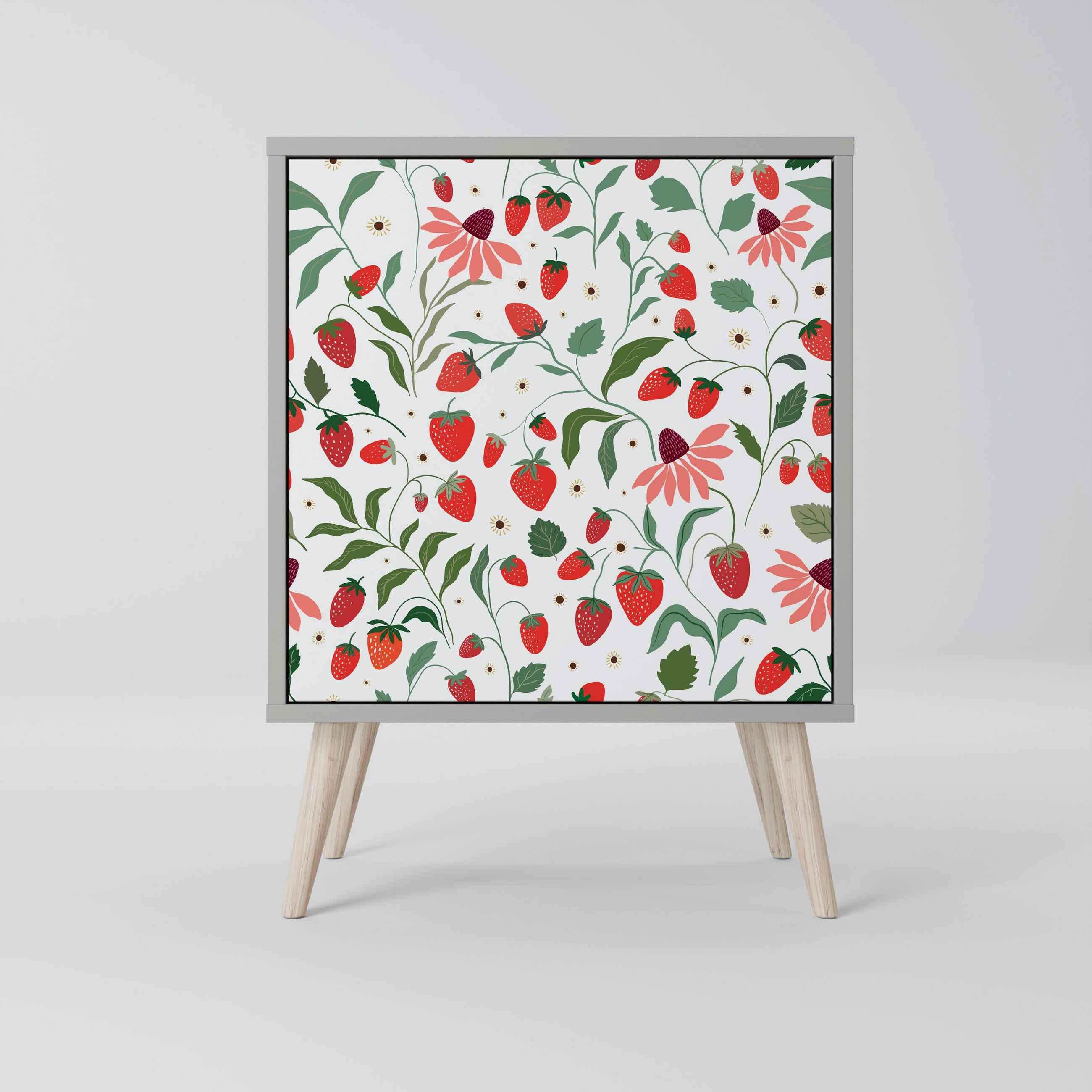 SIDEBOARD FLOWERS AND STRAWBERRIES, Grau, 57,5x42x77,5 cm, Schräge Buchenholzfüße - Buchefarben/Multicolor, Holzwerkstoff/Buchenholz (57.5/77.5/42cm) - SpaceRebels