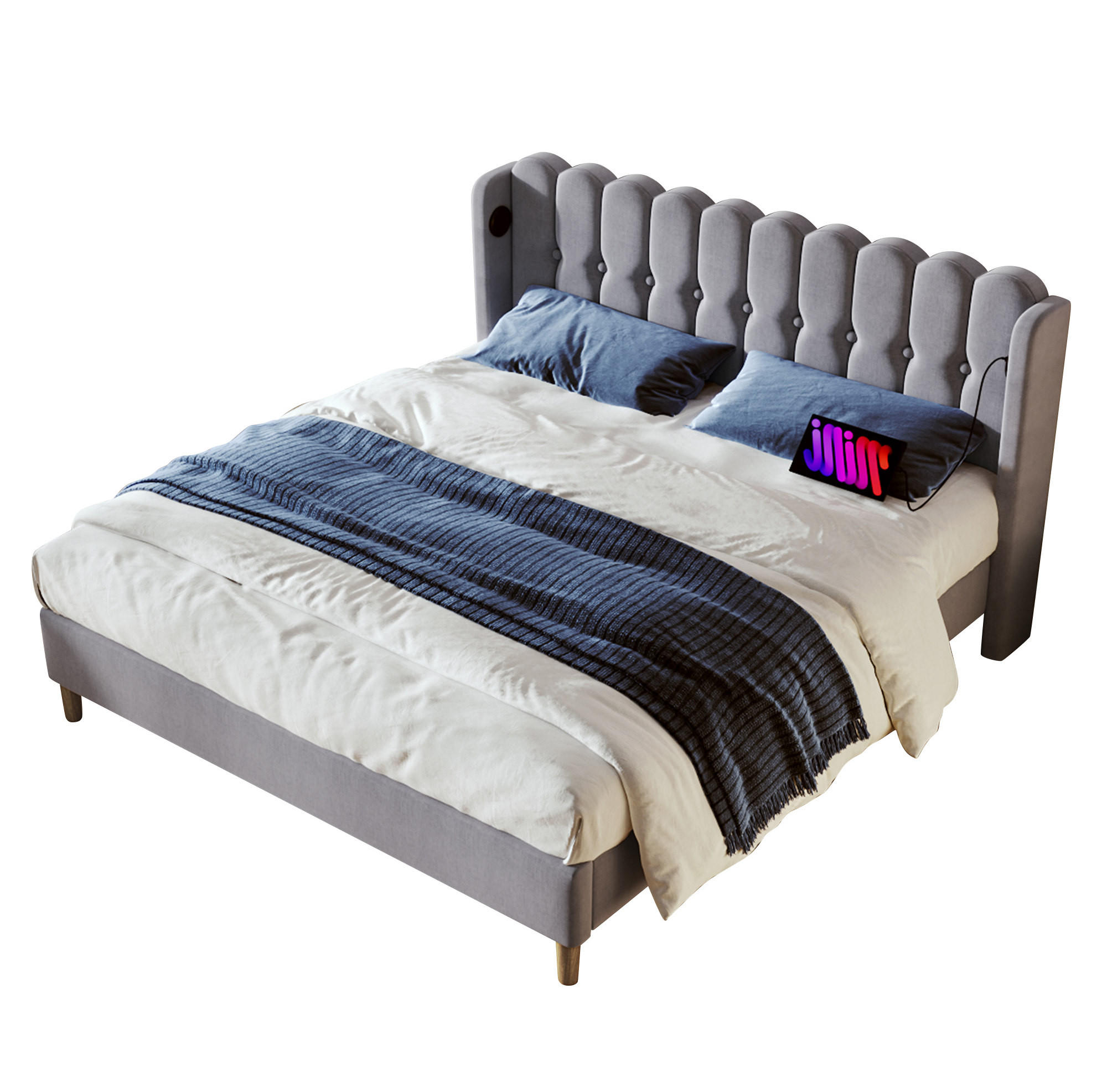 POLSTERBETT 140/200 cm Grau aus Leinen mit Matratze und USB- und Type-C-Anschlüssen - Grau, Textil (140/200cm) - Flora Grace