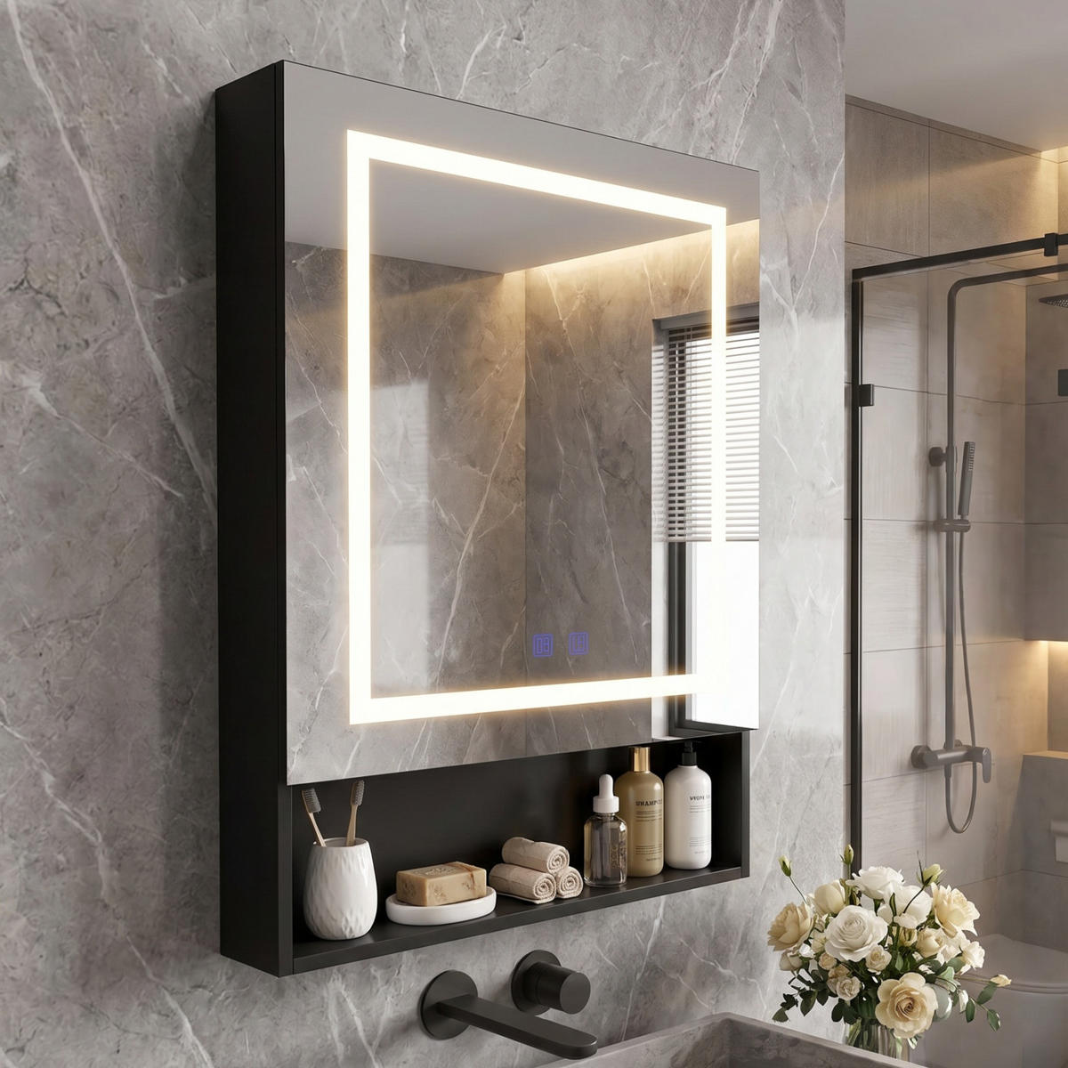 SPIEGELSCHRANK, Wandbadezimmerschrank mit LED-Spiegel, 50 x 88 x 16 cm, Antibeschlagfunktion, einstellbare Helligkeit und Farbtemperatur, Ablagefächer - Schwarz, Glas (50/88/16cm) - Waldena