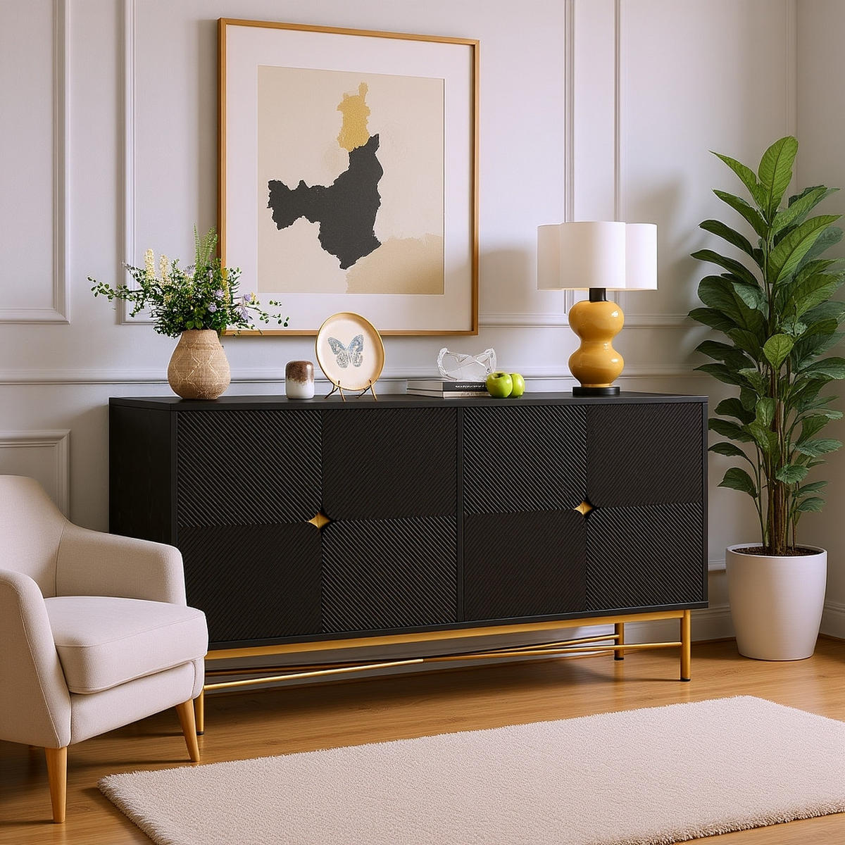 SIDEBOARD mit 2 Türen & 3 Schubladen, Schwarz & Holzoptik, 120 x 40 x 80 cm - Schwarz, Holzwerkstoff/Metall (160/82/40cm) - Urban Meuble