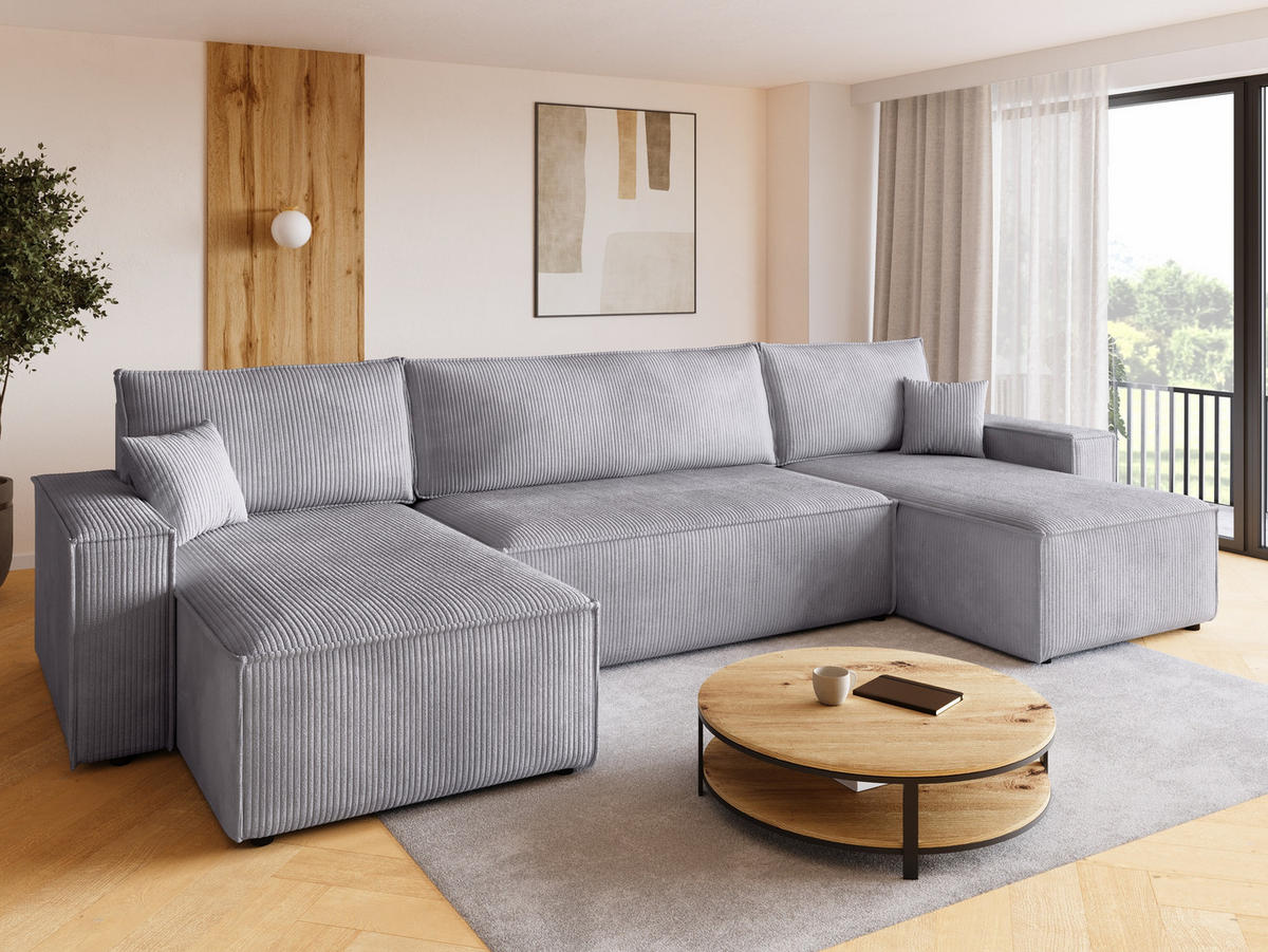 WOHNLANDSCHAFT ADI U mit Schlaffunktion Cordstoff Hellgrau - Hellgrau, Textil (312/85/143cm) - Bromarkt