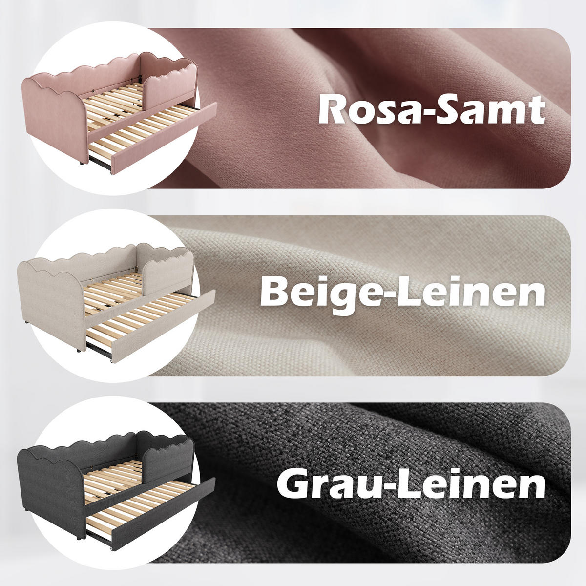 POLSTERBETT 90/190 cm mit Ausziehbett, Samtbezug, wolkenförmigem Kopfteil und Lattenrost, Rosa - Rosa, Textil (90/190cm) - Redom