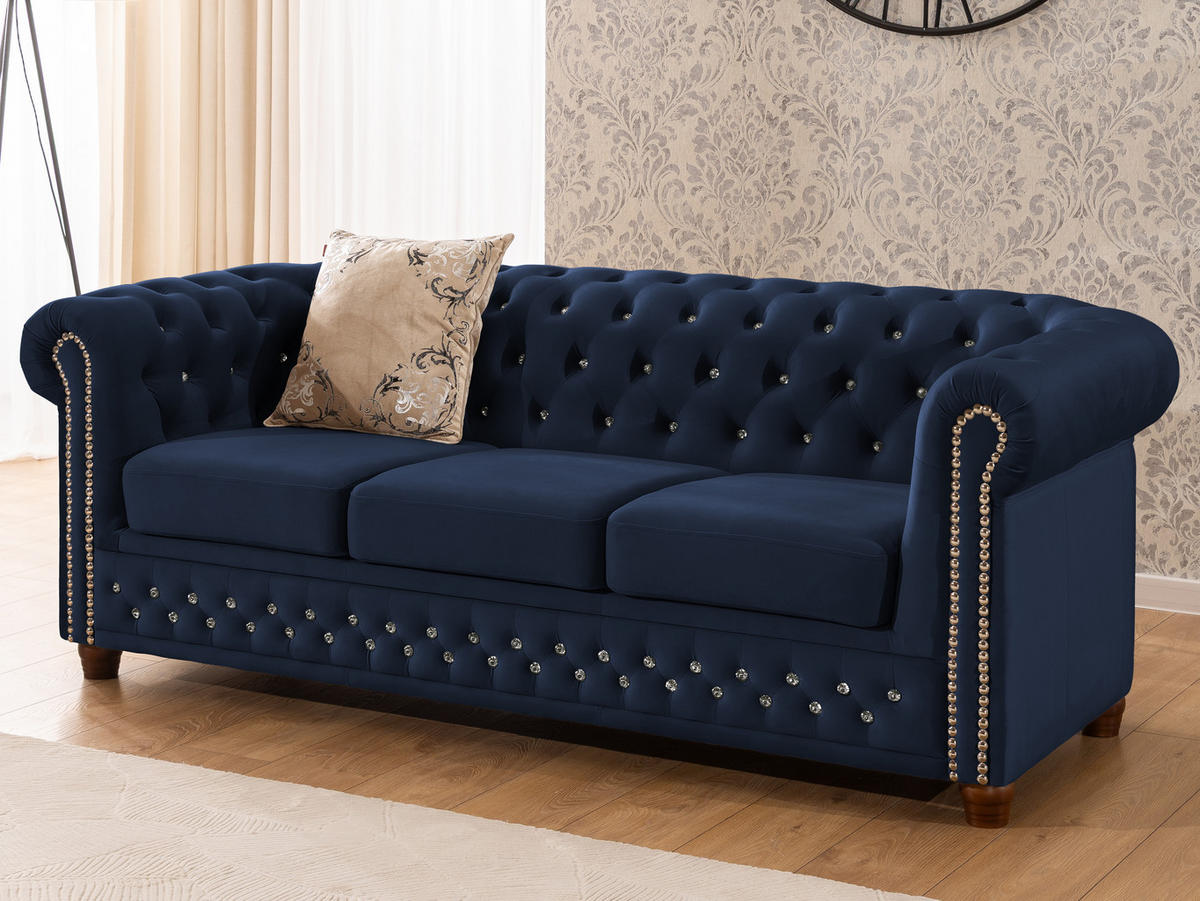 SITZGARNITUR 3+2 Chesterfield Cleo Blink Marineblau Samt mit Kristallsteppung und braunen Massivholzfüßen - Blau/Braun, Holz/Textil (203/72/86cm) - S-Style Möbel