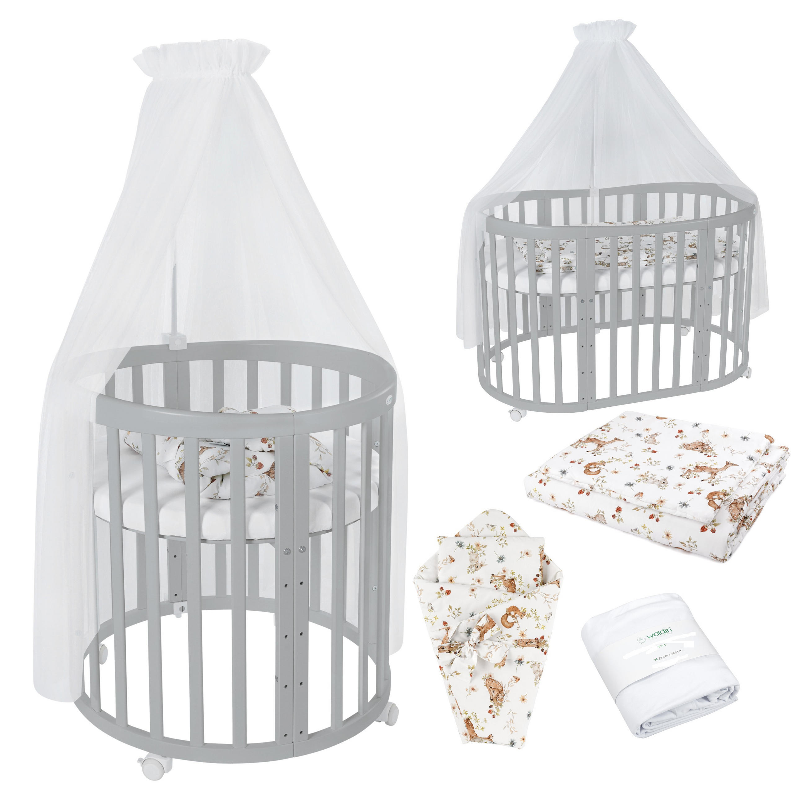 BABYBETT GREY OVAL 7in1 mit Matratze und Himmelset - Multicolor/Grau, Holz/Textil