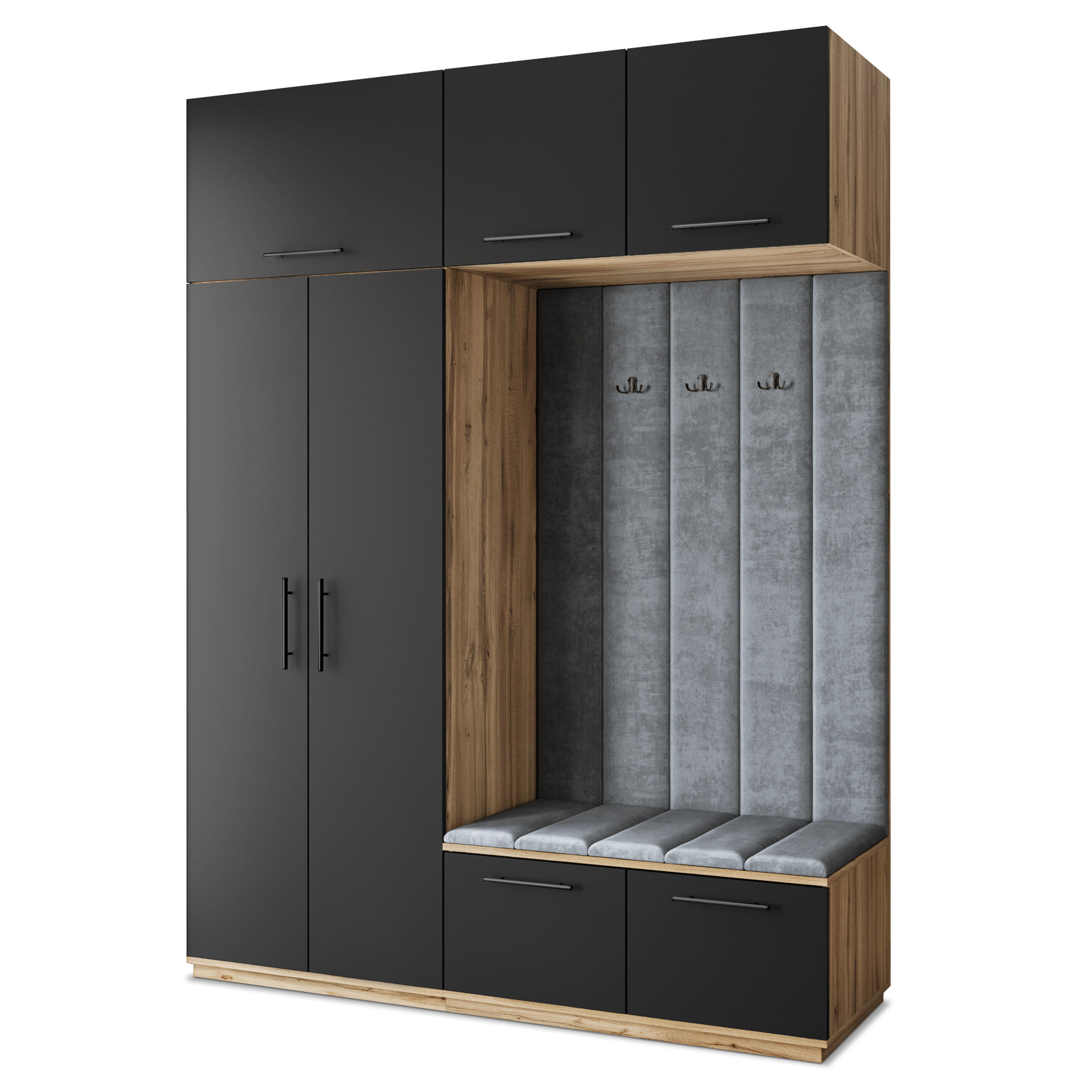 Masseno Garderobenschrank Eiche Wotan, Schwarz, Grau 180x240x60 cm