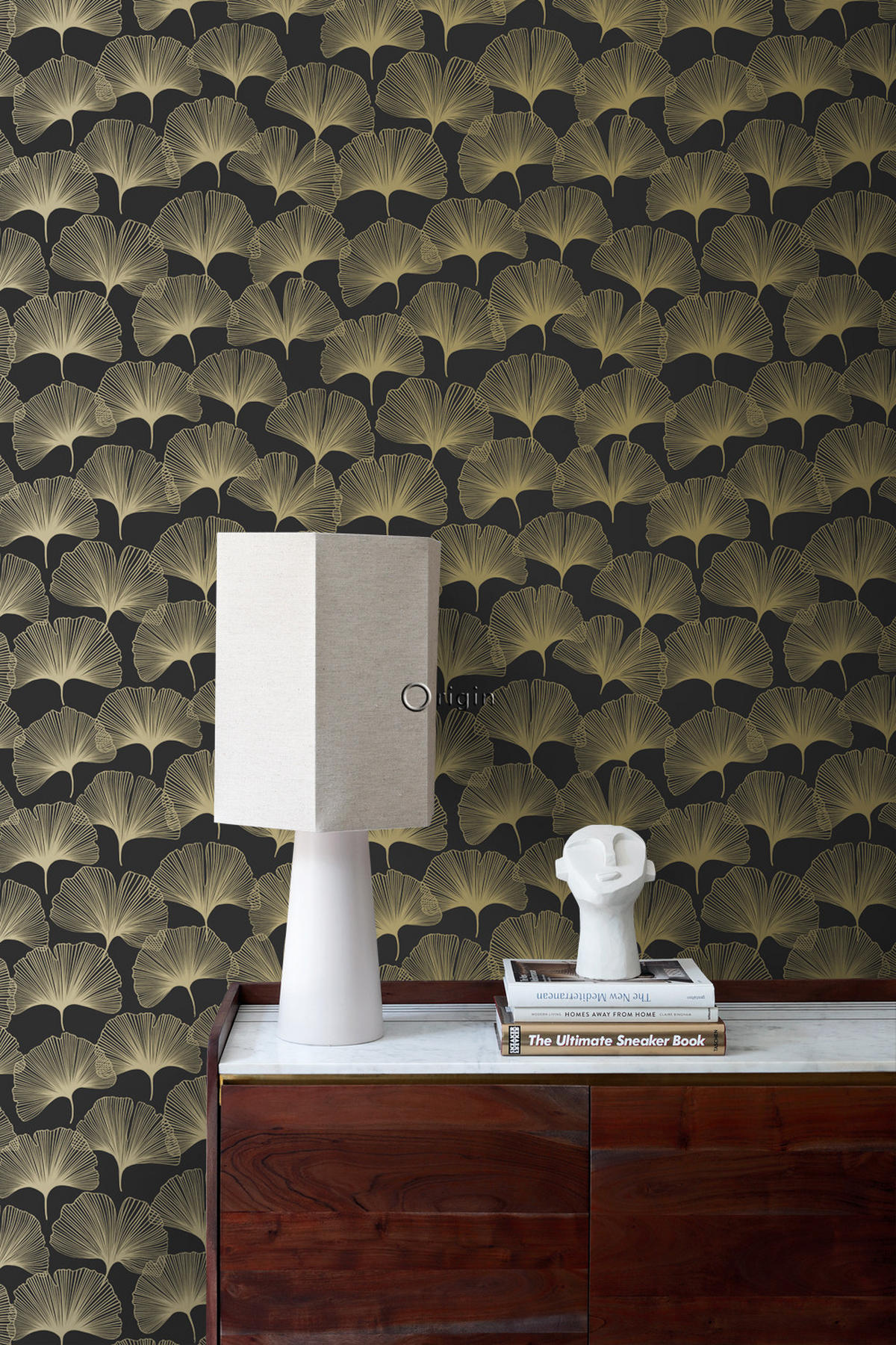 TAPETE Ginkgoblätter 53 cm x 10.05 m - Schwarz, Papier (53/1000cm) - Origin Wallcoverings