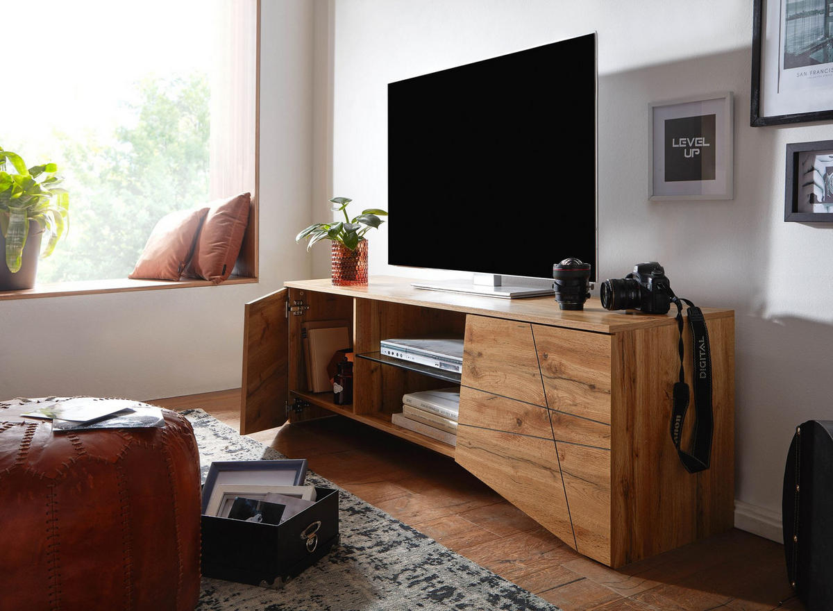 LOWBOARD Eiche-Dekor Modern Stil für 70-Zoll Fernseher mit Glasablage - Braun, Holz (160/50/40cm) - KADIMA DESIGN