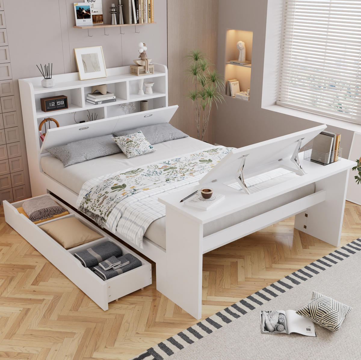 STAURAUMBETT Weiß 140/200 cm aus Holz mit Klapptisch - Weiß, Holz (140/200cm) - MIVRAY